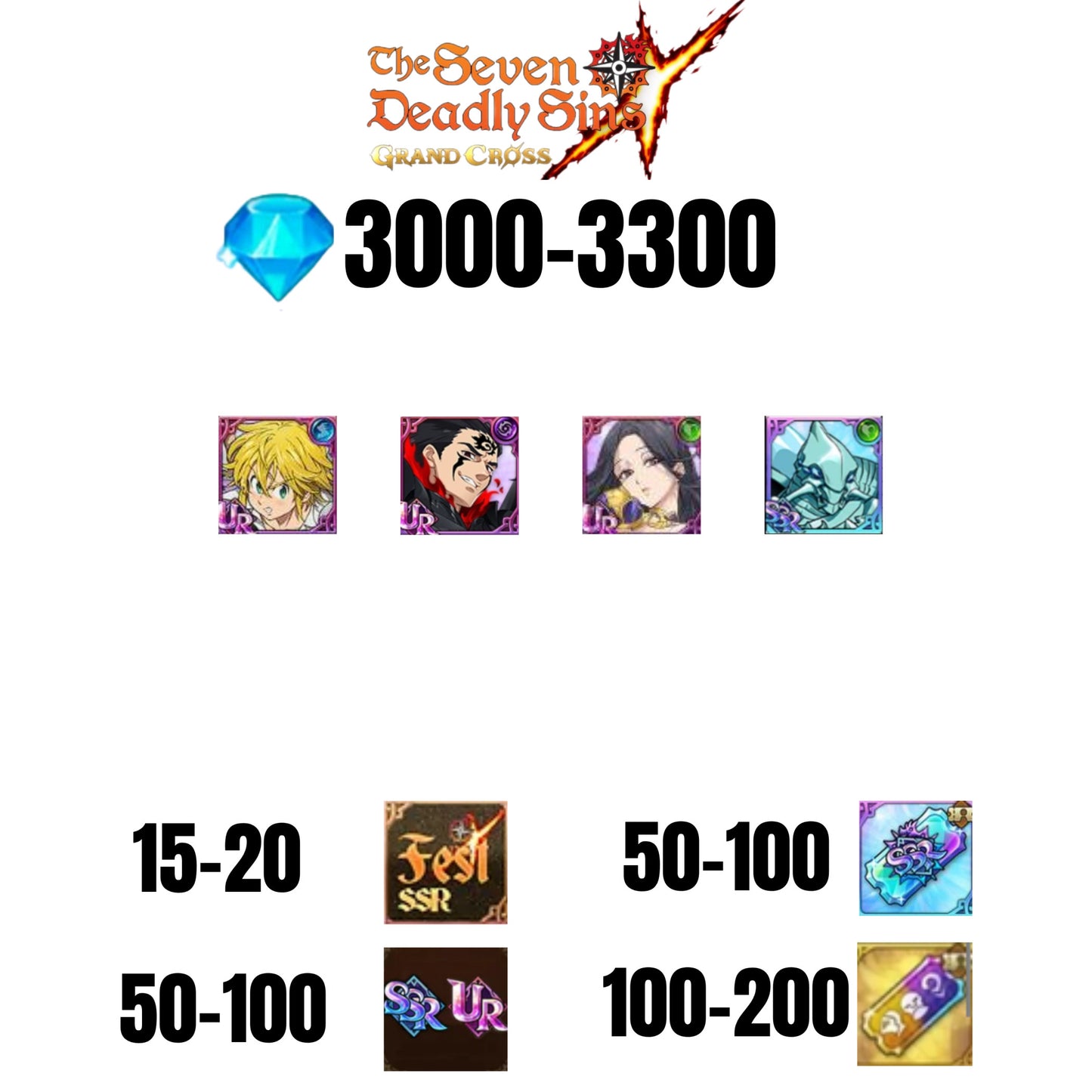 [GLOBAL] 3000-3300 GEMS | ZELDRIS DEMON KING NEW | SKULD | MELIODAS DEMON KING | COCTYUS | 15-20 FEST | 50-100 UR/SSR | 50-100 TICKET SSR