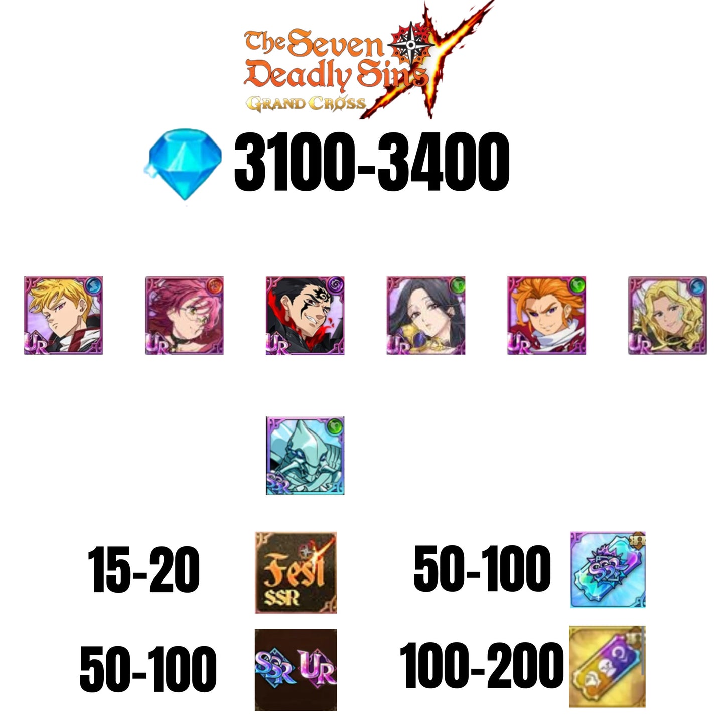 [GLOBAL] 3100-3400 GEMS | ZELDRIS DEMON KING NEW | SKULD | LANCELOT | ARTHUR UR | GOWTHER UR | THOR | COCTYUS | 15-20 FEST | 50-100 UR/SSR | 50-100 TICKET SSR