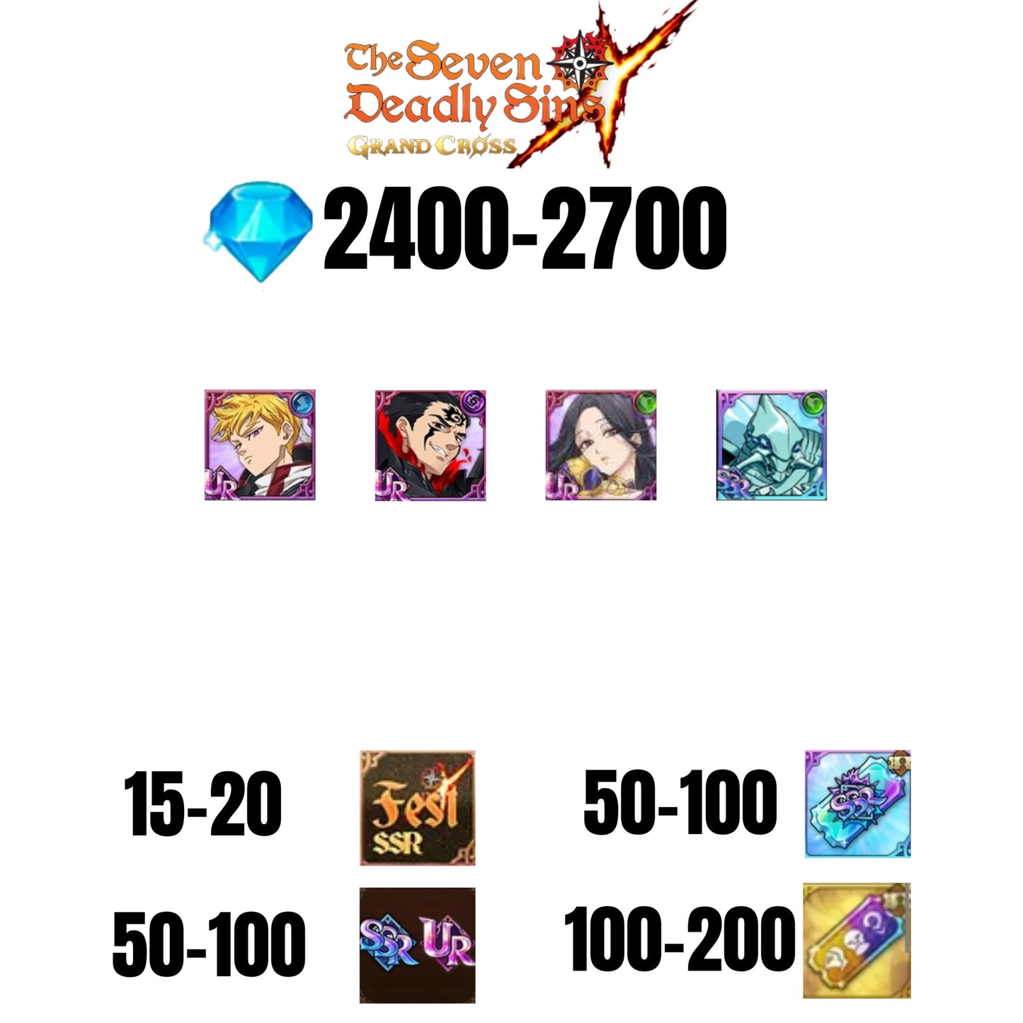 [GLOBAL] 2400-2700 GEMS | ZELDRIS DEMON KING NEW | SKULD | LANCELOT | COCTYUS | 15-20 FEST | 50-100 UR/SSR | 50-100 TICKET SSR