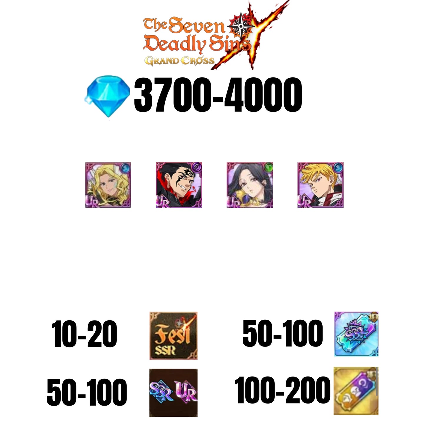 [GLOBAL] 3700-4000 GEMS | ZELDRIS DEMON KING NEW | SKULD | THOR | LANCELOT | COCTYUS | 10-20 FEST | 30-70 UR/SSR | 50-100 TICKET SSR