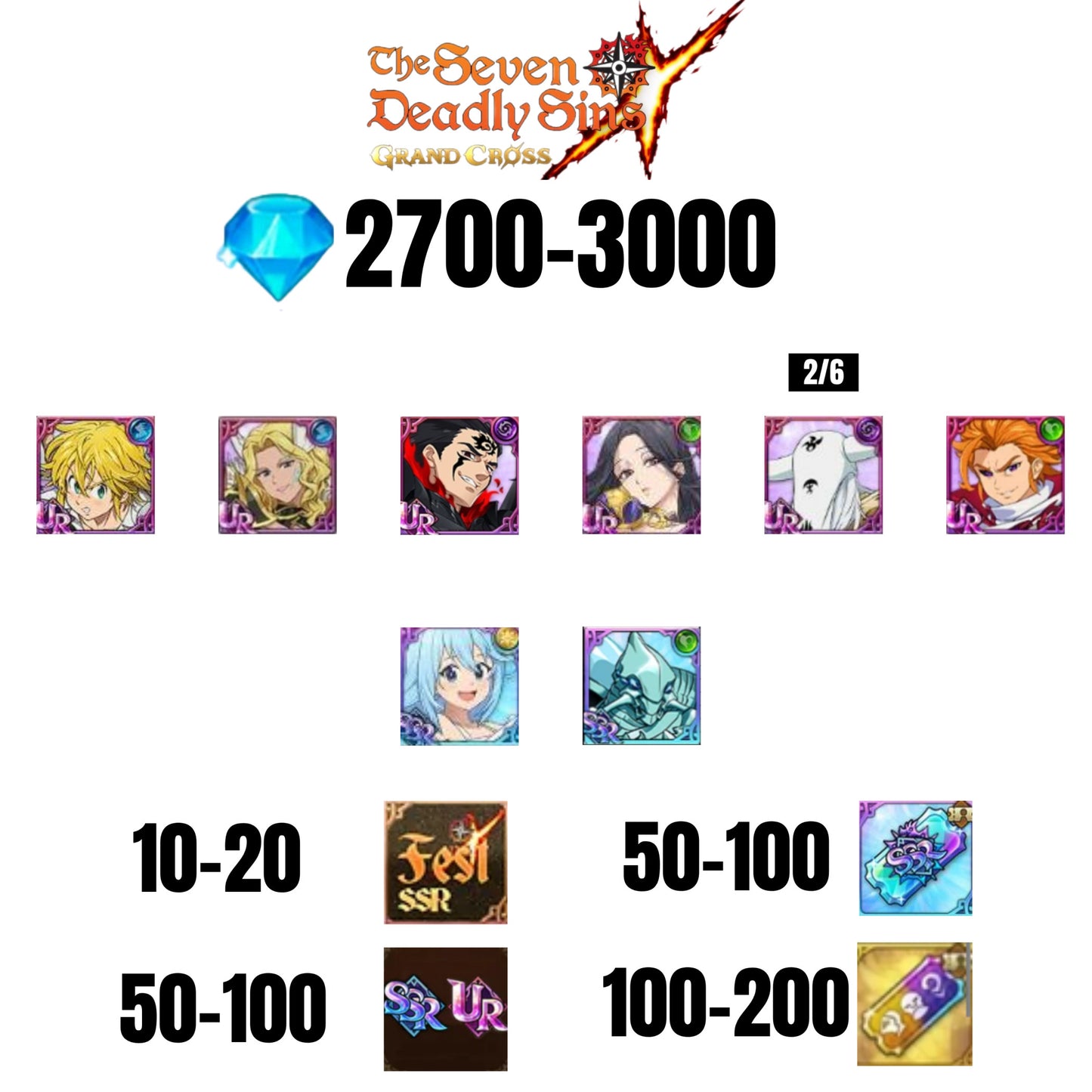[GLOBAL] 2700-3000 GEMS | ZELDRIS DEMON KING NEW | SKULD | AQUA | MAEL DARK | ARTHUR | MELIODAS DEMON KING | THOR | COCTYUS | 10-20 FEST | 30-70 UR/SSR | 50-100 TICKET SSR