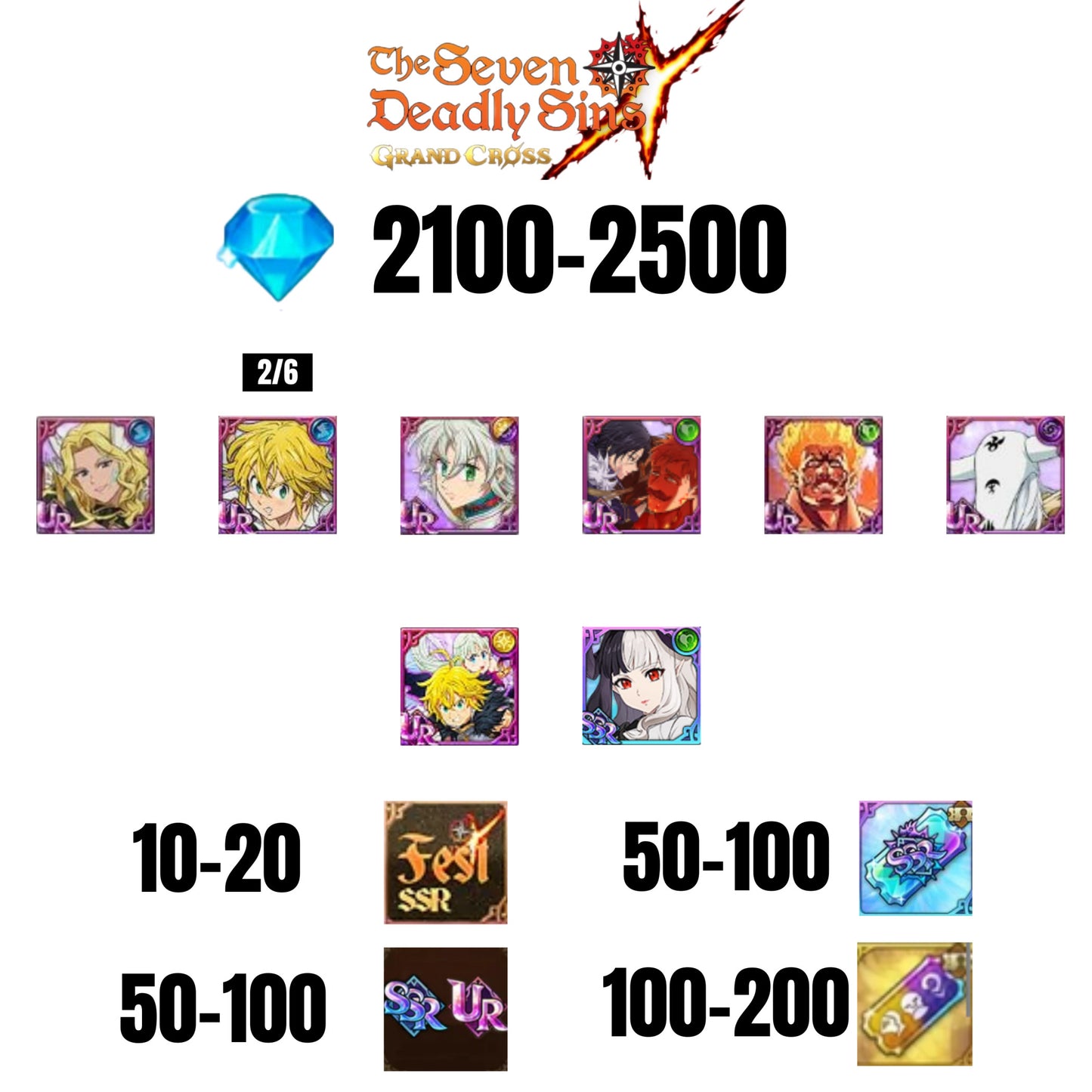 [GLOBAL] 2100-2500 GEMS | TRISTAN | ESCANOR/MERLIN | 7 FEST UR | 10-20 FEST SSR | 30-70 UR/SSR | 50-100 TICKET SSR