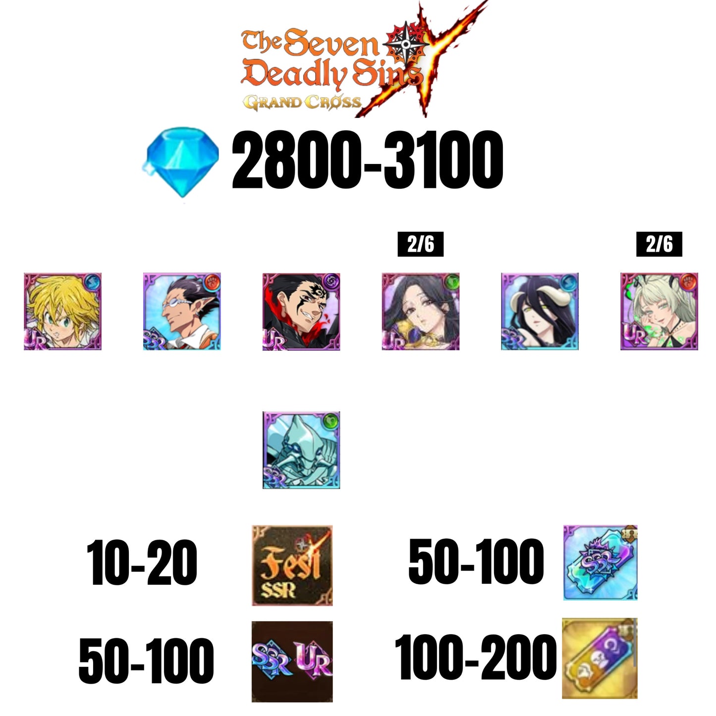 [GLOBAL] 2800-3100 GEMS | ZELDRIS DEMON KING NEW | SKULD | SABUNAK | MELIODAS DEMON KING | ALBEDO | DEMIURGE | COCTYUS | 10-20 FEST | 30-70 UR/SSR | 50-100 TICKET SSR