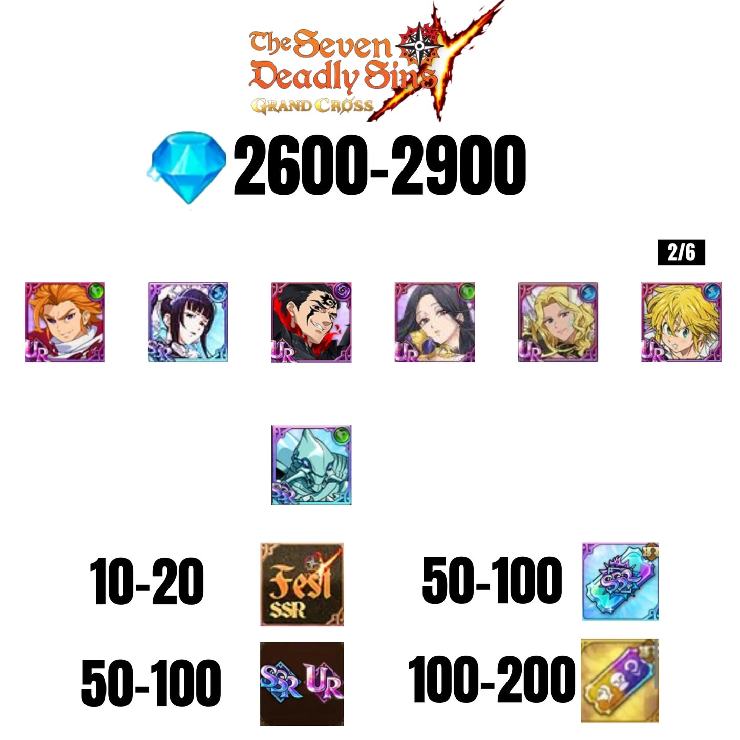 [GLOBAL] 2600-2900 GEMS | ZELDRIS DEMON KING NEW | SKULD | THOR | ARTHUR | MELIODAS DEMON KING | COCTYUS | 10-20 FEST | 30-70 UR/SSR | 50-100 TICKET SSR