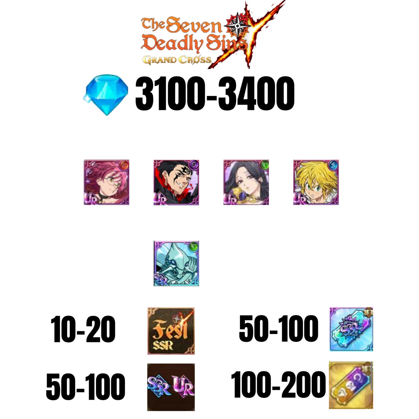 [GLOBAL] 3100-3400 GEMS | ZELDRIS DEMON KING NEW | SKULD | GOWTHER UR | MELIODAS DEMON KING | GOWTHER UR | COCTYUS | 10-20 FEST | 30-70 UR/SSR | 50-100 TICKET SSR