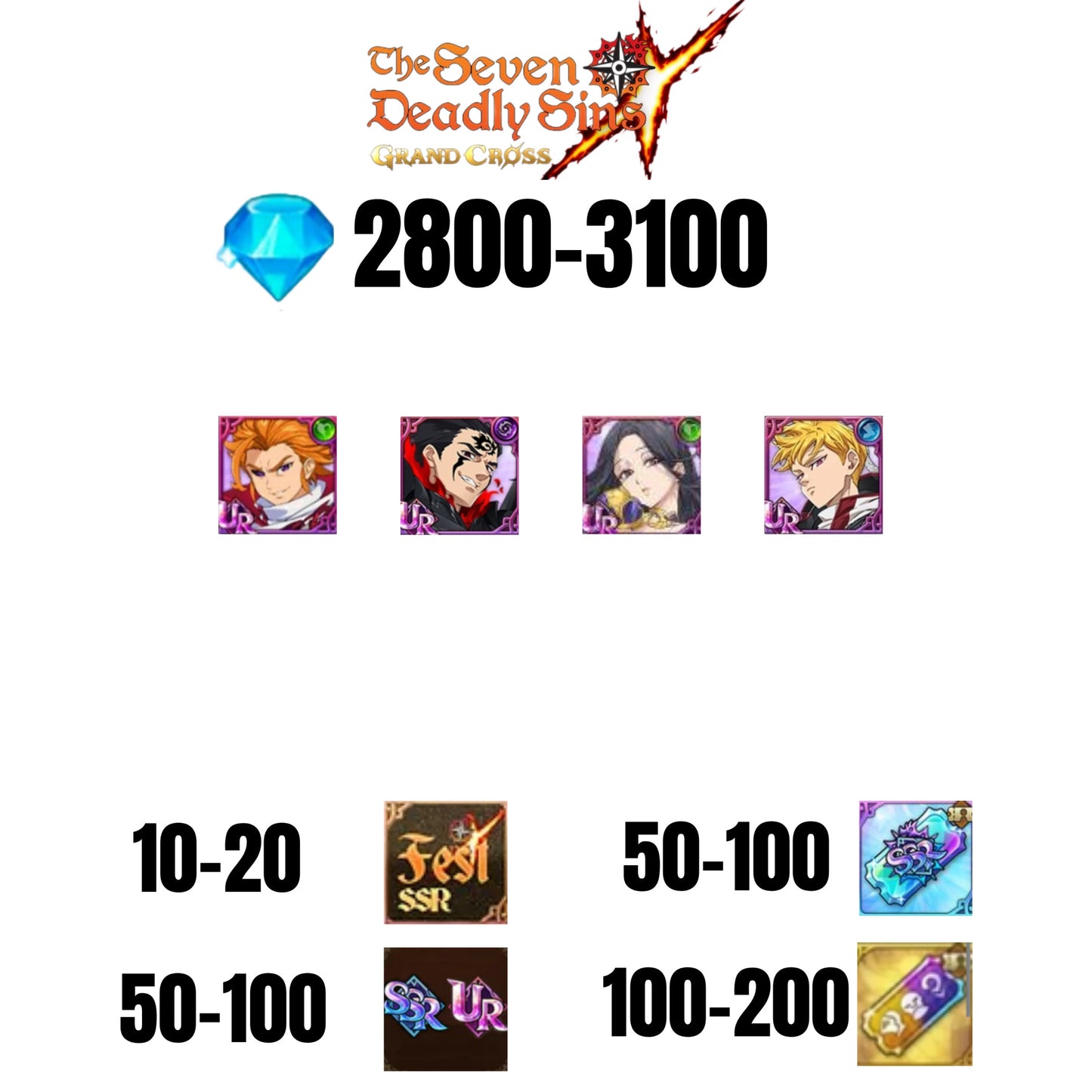 [GLOBAL] 2800-23100 GEMS | ZELDRIS DEMON KING NEW | SKULD | ARTHUR | LANCELOT | COCTYUS | 10-20 FEST | 30-70 UR/SSR | 50-100 TICKET SSR