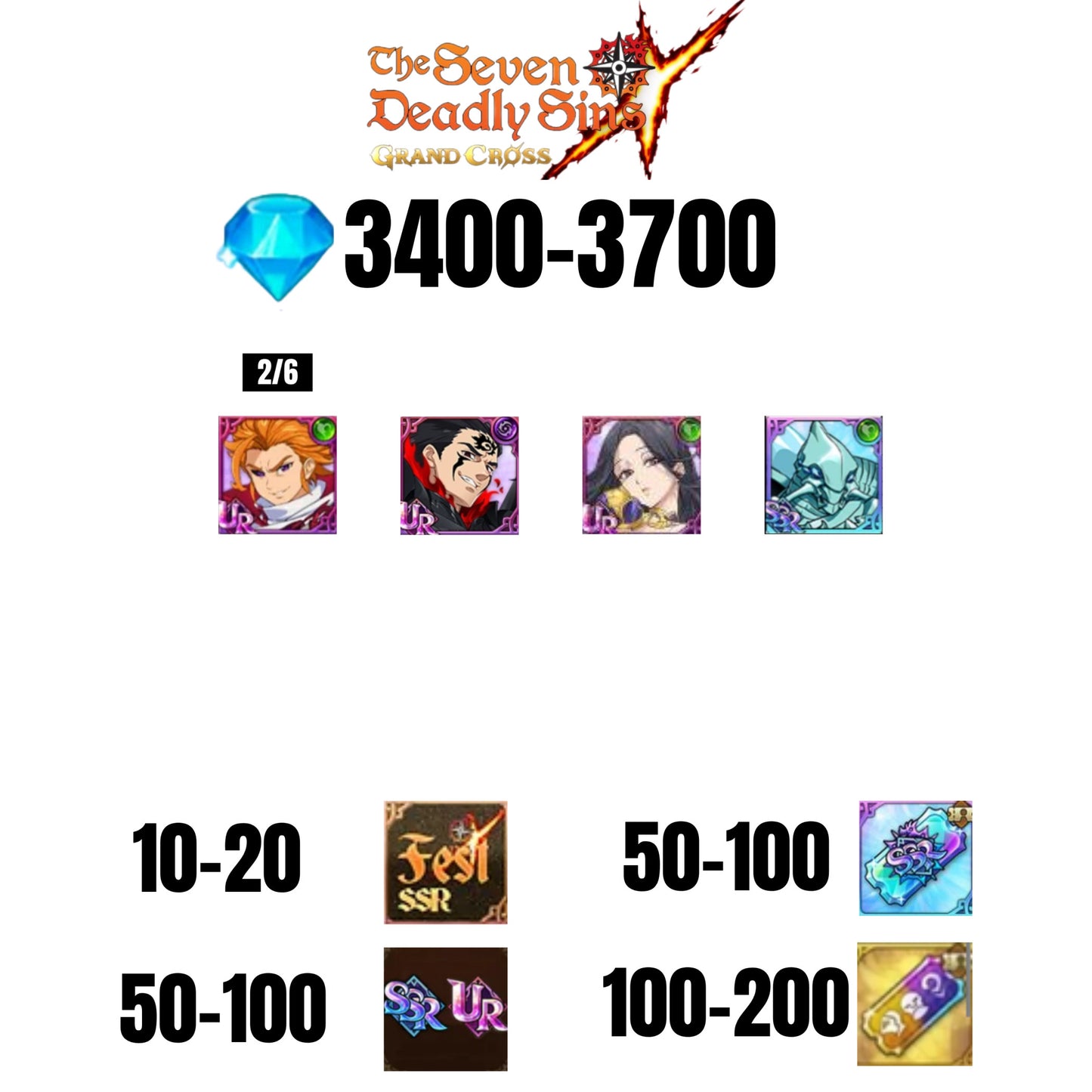 [GLOBAL] 3400-3700 GEMS | ZELDRIS DEMON KING NEW | SKULD | ARTHUR | COCTYUS | 10-20 FEST | 30-70 UR/SSR | 50-100 TICKET SSR