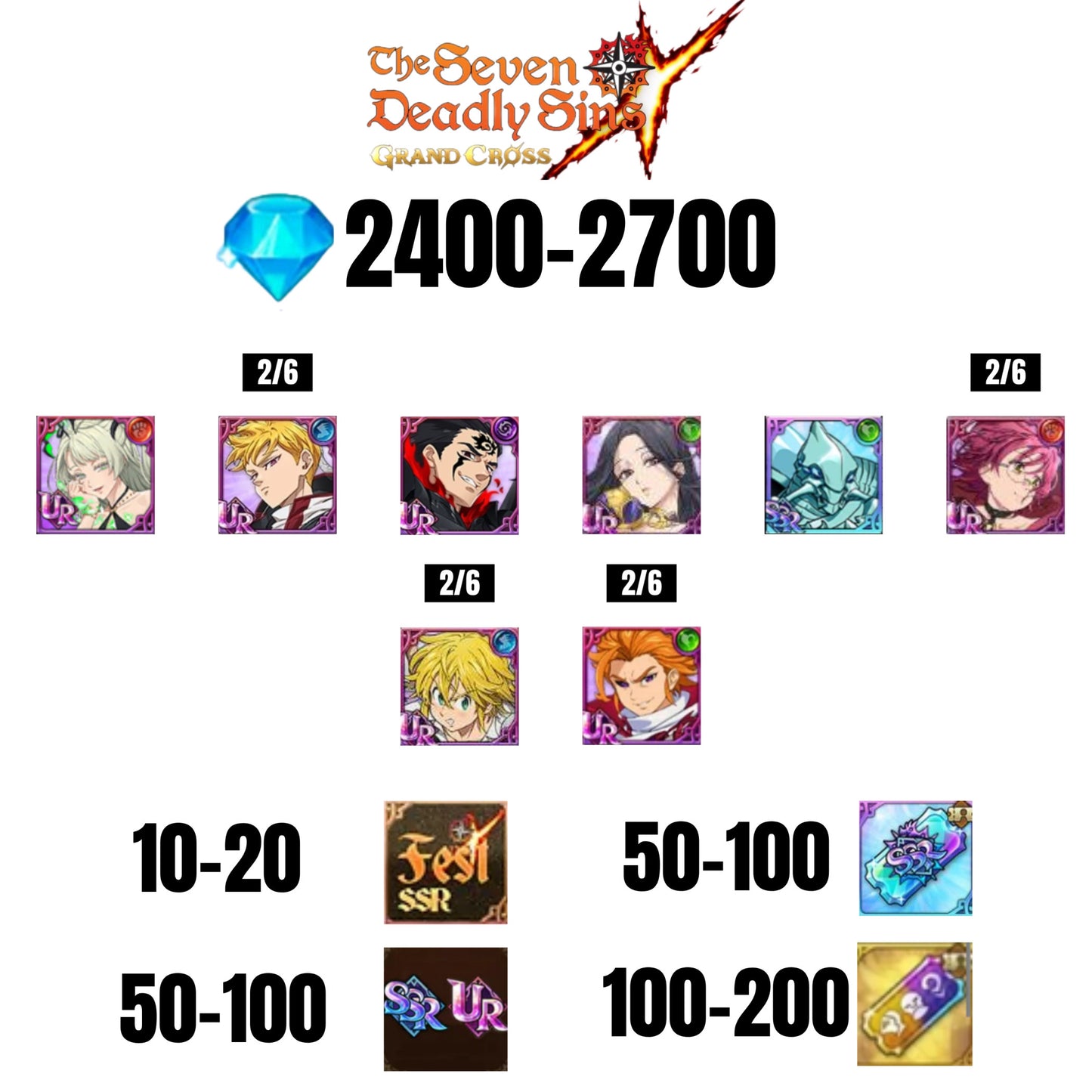 [GLOBAL] 2400-2700 GEMS | ZELDRIS DEMON KING NEW | SKULD | ARTHUR | SABUNAK | MELIODAS DEMON KING | GOWTHER UR | LANCELOT | COCTYUS | 10-20 FEST | 30-70 UR/SSR | 50-100 TICKET SSR