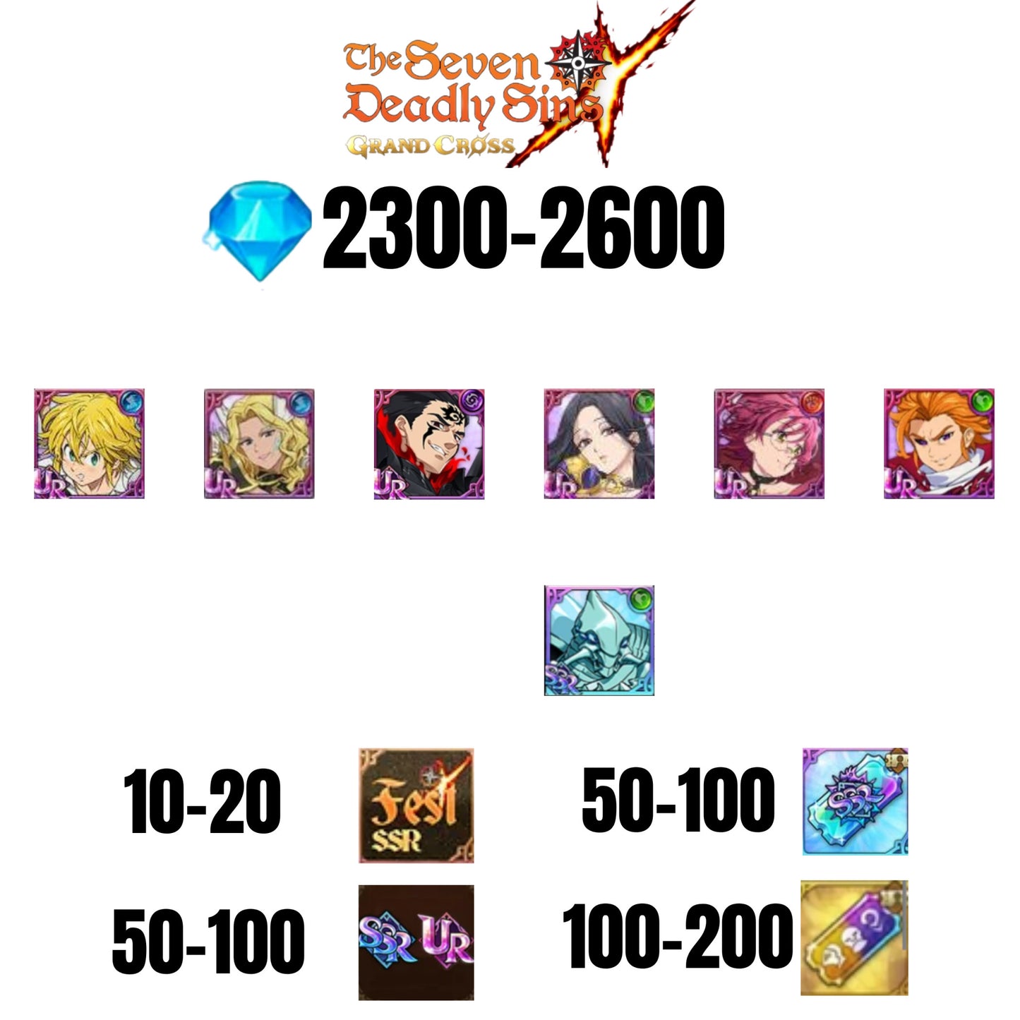 [GLOBAL] 2300-2600 GEMS | ZELDRIS DEMON KING NEW | SKULD | ARTHUR | GOWTHER | THOR | MELIODAS DEMON KING | COCTYUS | 10-20 FEST | 30-70 UR/SSR | 50-100 TICKET SSR