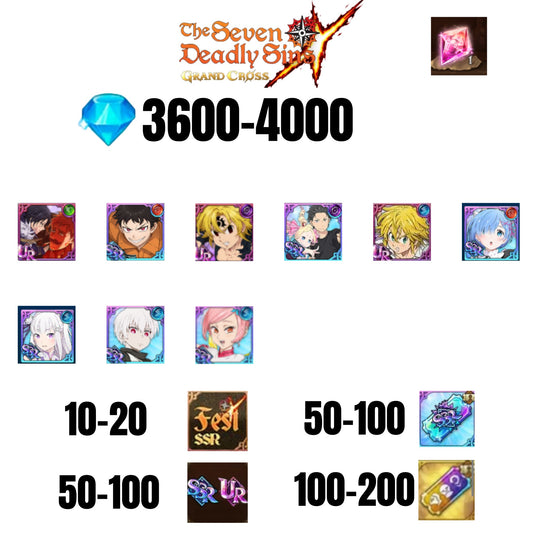 [GLOBAL] 3600-4000 GEMS | NEW MELIODAS | SUBARU/BEATRICE | SHINRA | 3 FEST UR | 6 COLLAB | UR FEST SELECTOR |10-20 FEST SSR | 50-100 UR/SSR | 50-100 TICKET SSR