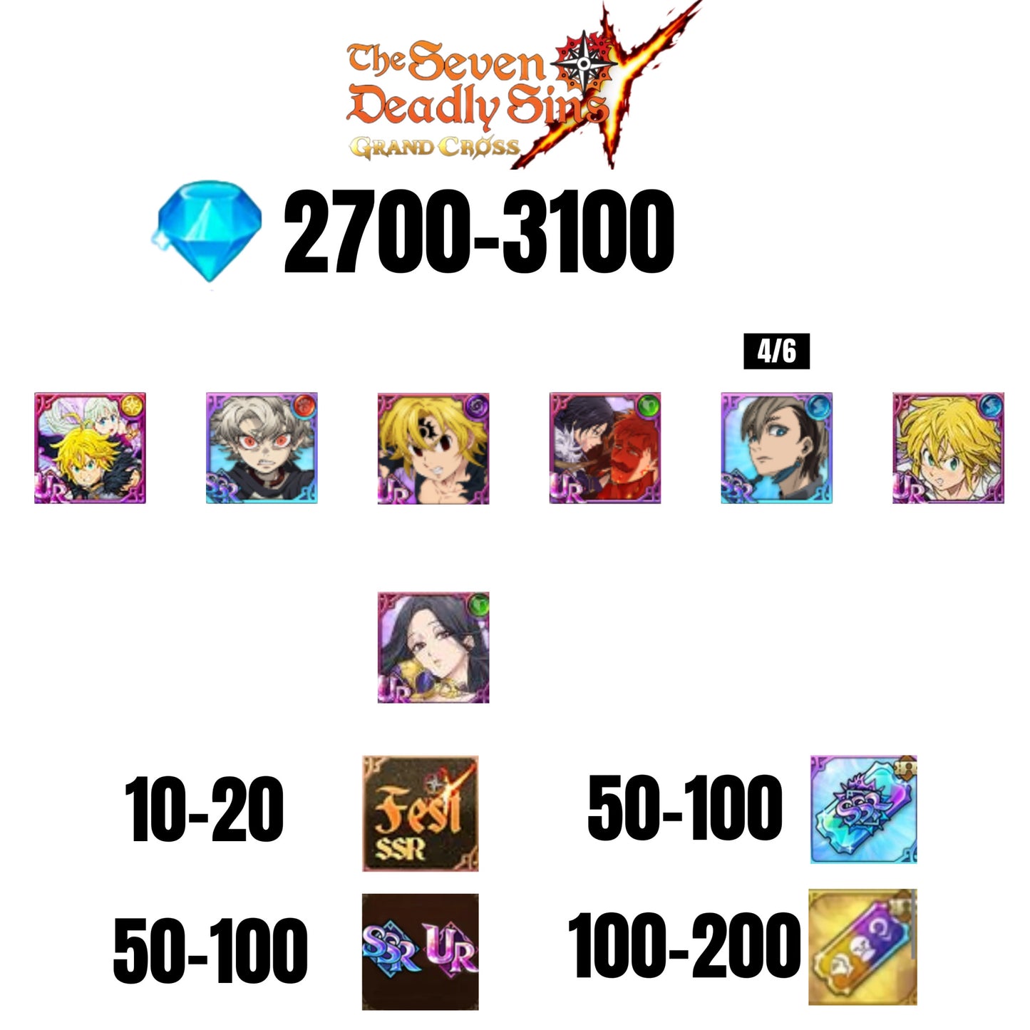 [GLOBAL] 2700-3100 GEMS | NEMESIS MELIODAS | ESCANOR/MERLIN | RUDO | 5 FEST UR | 2 COLLAB | 10-20 FEST SSR