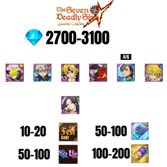 [GLOBAL] 2700-3100 GEMS | NEMESIS MELIODAS | ESCANOR/MERLIN | RUDO | 5 FEST UR | 2 COLLAB | 10-20 FEST SSR