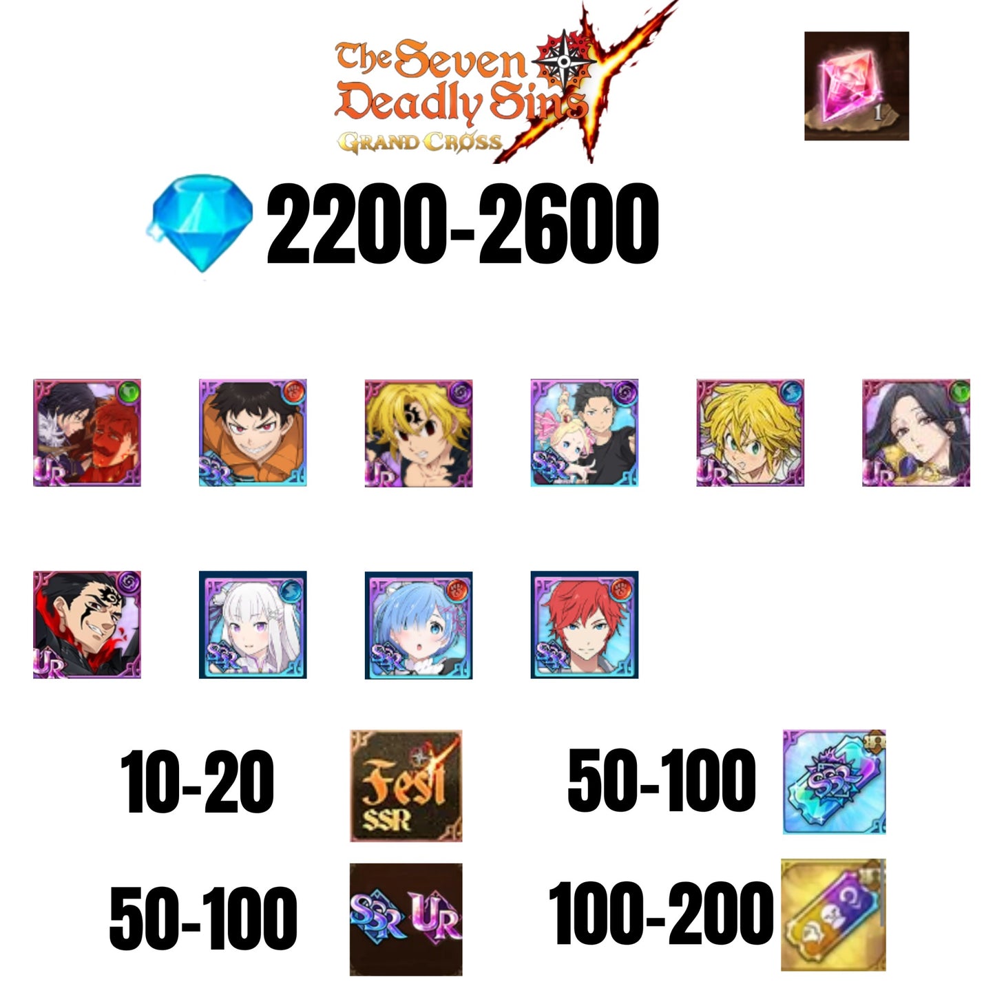 [GLOBAL] 2200-2600 GEMS | NEW MELIODAS | SUBARU/BEATRICE | SHINRA | 5 FEST UR | 5 COLLAB | UR FEST SELECTOR |10-20 FEST SSR | 50-100 UR/SSR | 50-100 TICKET SSR