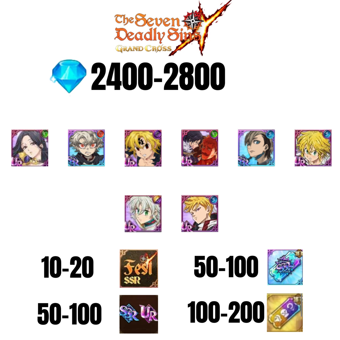 [GLOBAL] 2400-2800 GEMS | NEMESIS MELIODAS | ESCANOR/MERLIN | RUDO | 6 FEST UR | 2 COLLAB | 10-20 FEST SSR