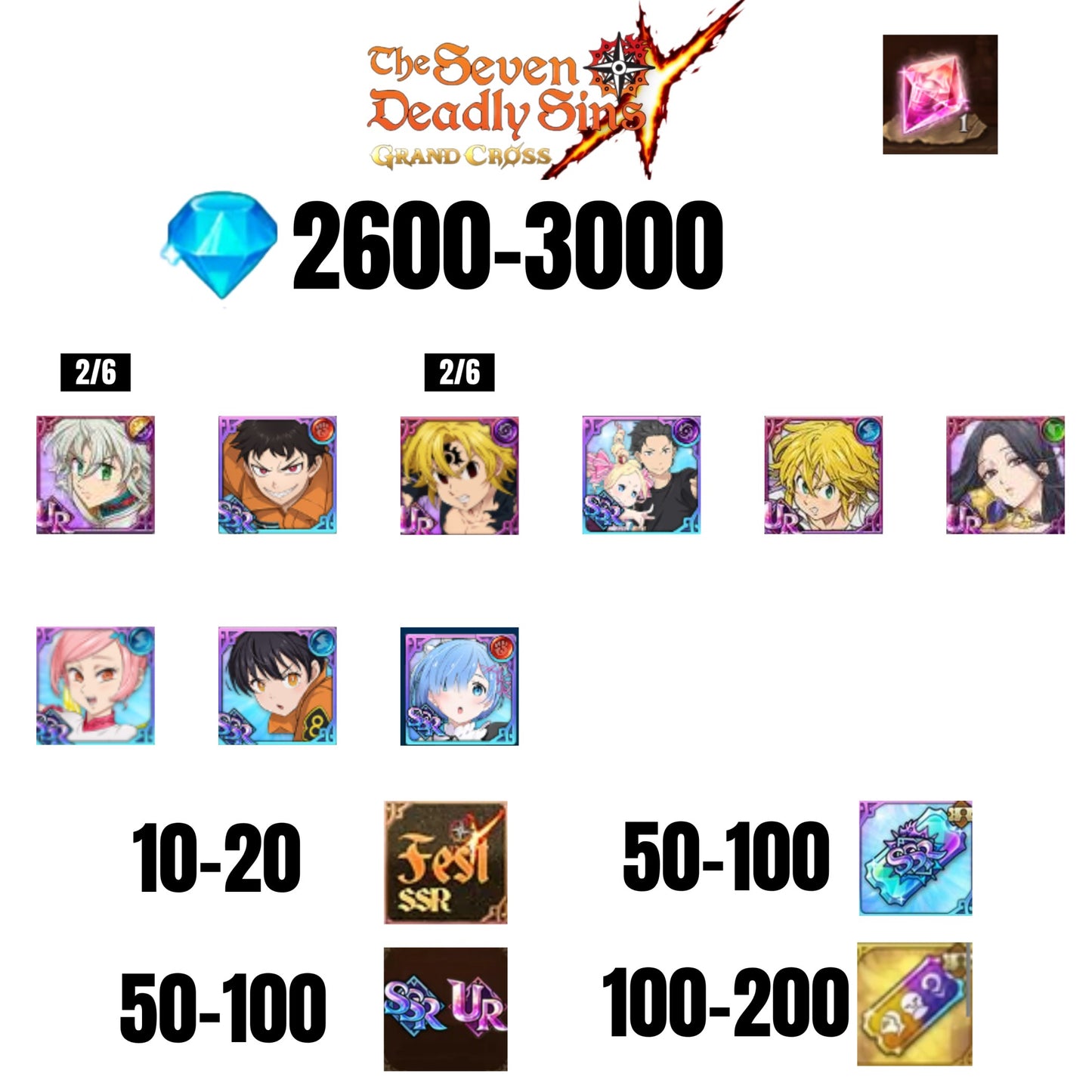 [GLOBAL] 2600-3000 GEMS | NEW MELIODAS | SUBARU/BEATRICE | SHINRA | 4 FEST UR | 5 COLLAB | UR FEST SELECTOR |10-20 FEST SSR | 50-100 UR/SSR | 50-100 TICKET SSR