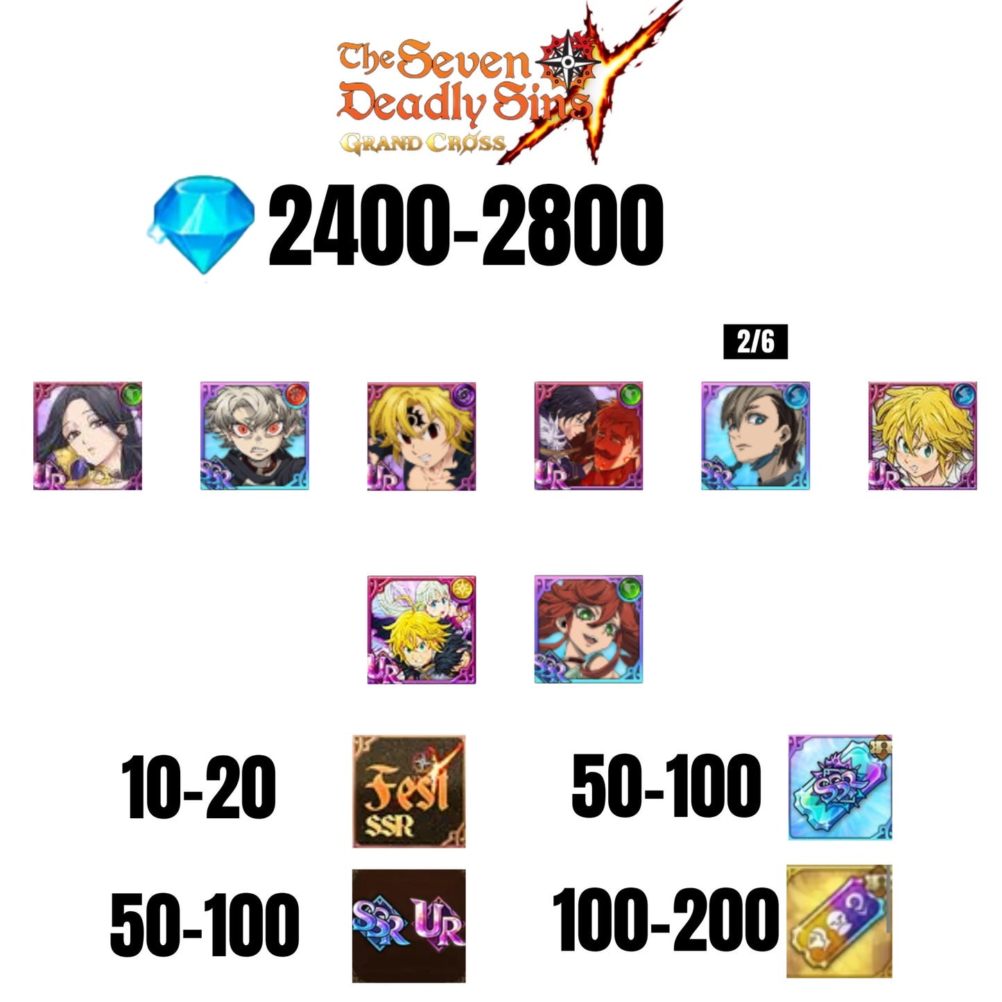 [GLOBAL] 2400-2800 GEMS | NEMESIS MELIODAS | ESCANOR/MERLIN | RUDO | 5 FEST UR | 3 COLLAB | 10-20 FEST SSR