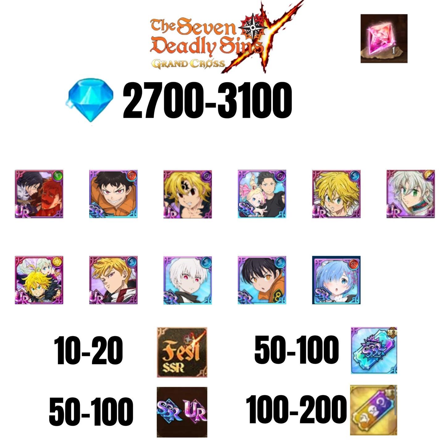 [GLOBAL] 2700-3100 GEMS | NEW MELIODAS | SUBARU/BEATRICE | SHINRA | 6 FEST UR | 5 COLLAB | UR FEST SELECTOR |10-20 FEST SSR | 50-100 UR/SSR | 50-100 TICKET SSR