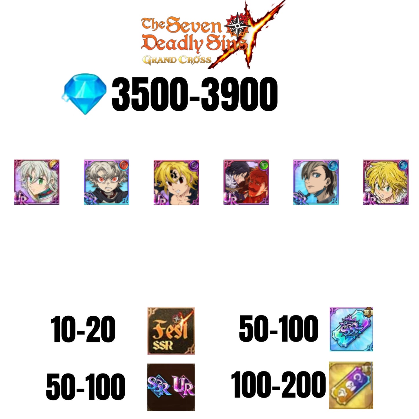 [GLOBAL] 3500-3900 GEMS | NEMESIS MELIODAS | ESCANOR/MERLIN | RUDO | 4 FEST UR | 2 COLLAB | 10-20 FEST SSR