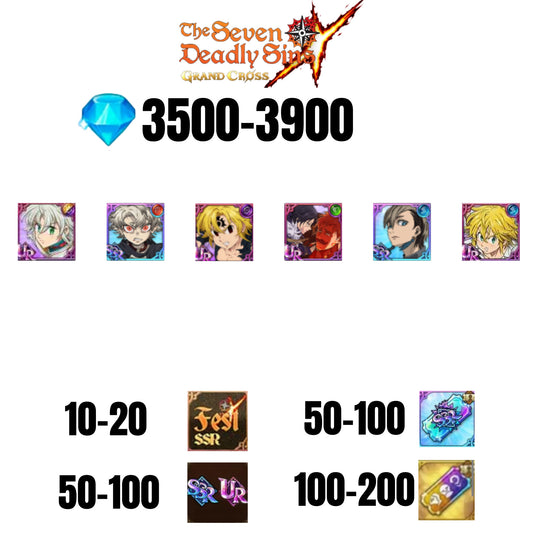 [GLOBAL] 3500-3900 GEMS | NEMESIS MELIODAS | ESCANOR/MERLIN | RUDO | 4 FEST UR | 2 COLLAB | 10-20 FEST SSR