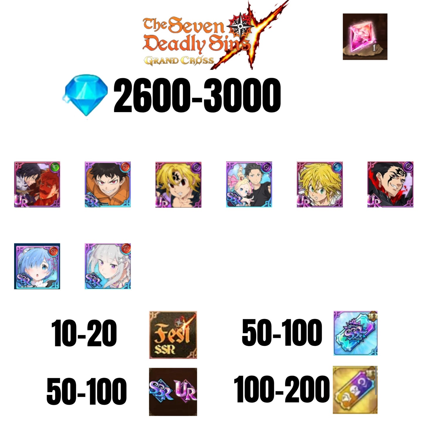 [GLOBAL] 2600-3000 GEMS | NEW MELIODAS | SUBARU/BEATRICE | SHINRA | 4 FEST UR | 4 COLLAB | UR FEST SELECTOR |10-20 FEST SSR | 50-100 UR/SSR | 50-100 TICKET SSR