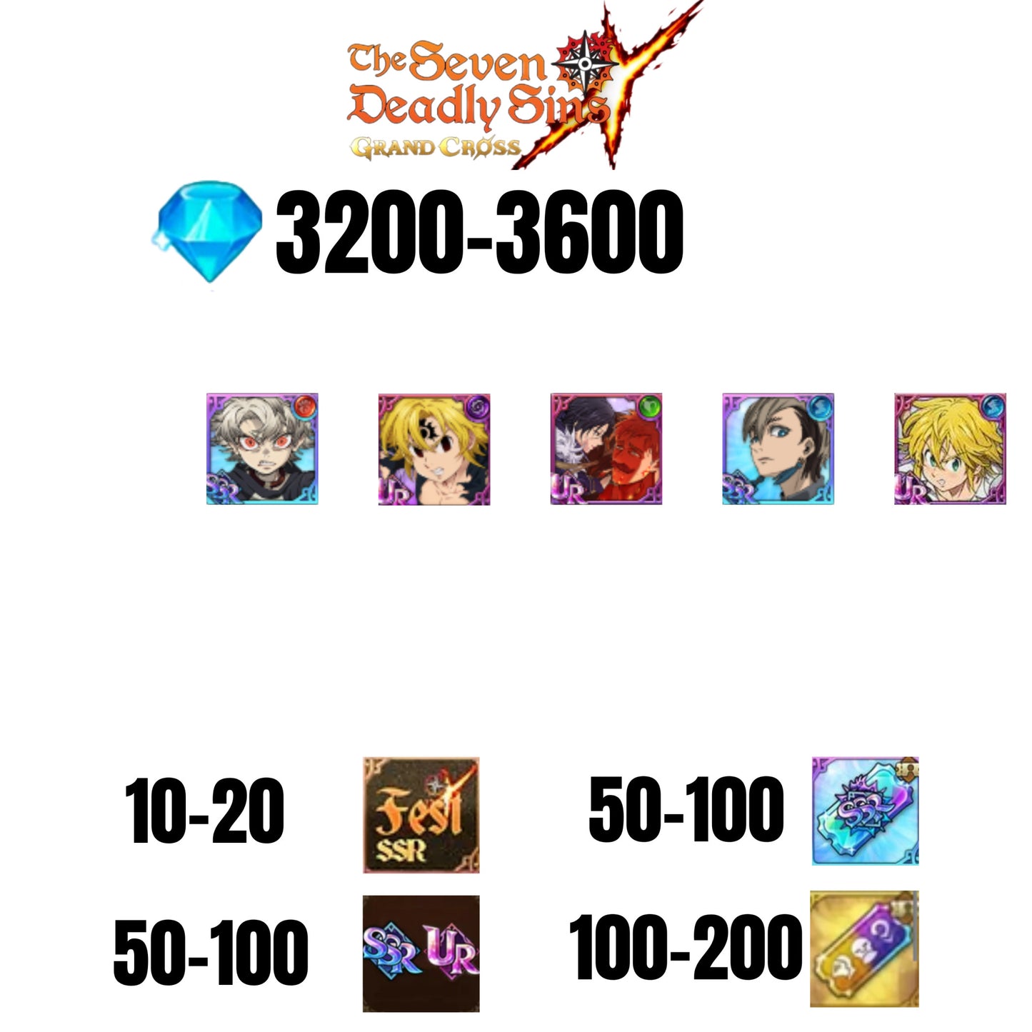 [GLOBAL] 3200-3600 GEMS | NEMESIS MELIODAS | ESCANOR/MERLIN | RUDO | 3 FEST UR | 2 COLLAB | 10-20 FEST SSR