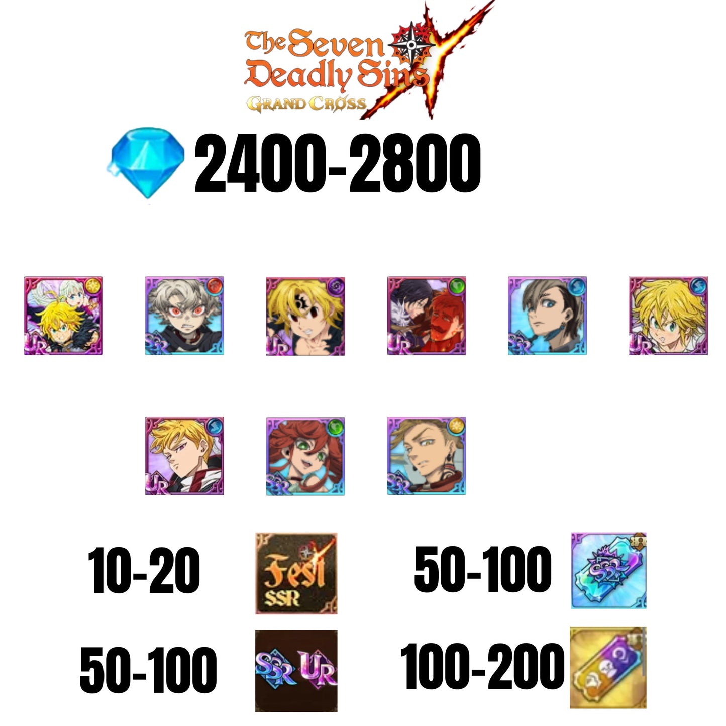 [GLOBAL] 2400-2800 GEMS | NEMESIS MELIODAS | ESCANOR/MERLIN | RUDO | 5 FEST UR | 4 COLLAB | 10-20 FEST SSR