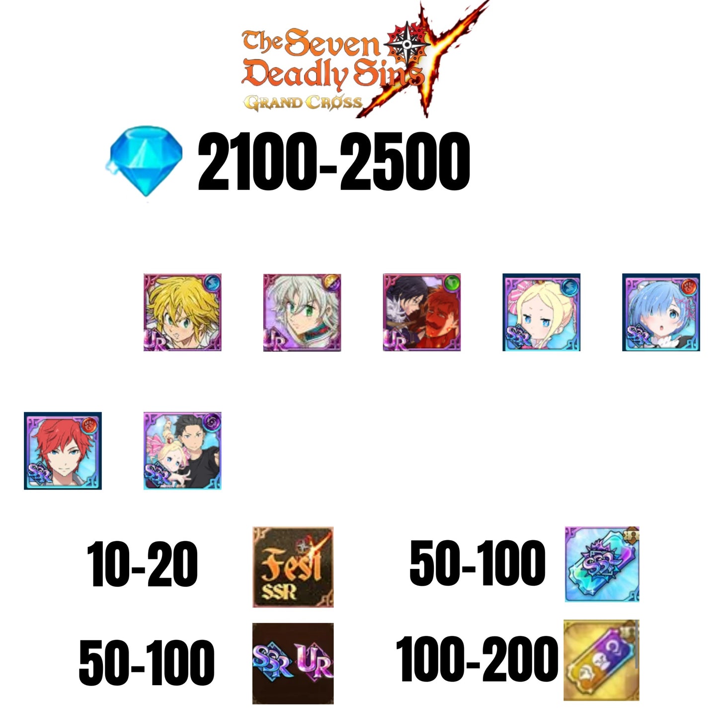 [GLOBAL] 2100-2500 GEMS | SUBARU/BEATRICE | TRISTAN | ESCANOR/MERLIN | 2 FEST UR | 10-20 FEST SSR | 30-70 UR/SSR | 50-100 TICKET SSR | 4 COLLAB