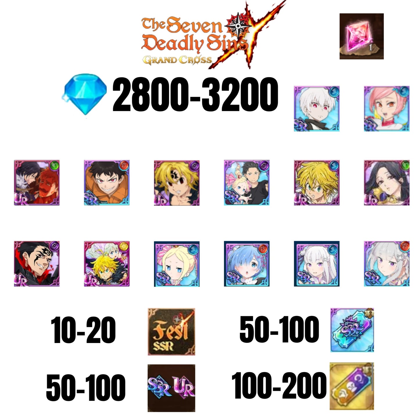 [GLOBAL] 2800-3200 GEMS | NEW MELIODAS | SUBARU/BEATRICE | SHINRA | 7 FEST UR | 6 COLLAB | UR FEST SELECTOR |10-20 FEST SSR | 50-100 UR/SSR | 50-100 TICKET SSR