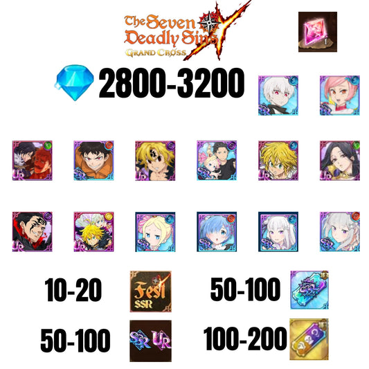 [GLOBAL] 2800-3200 GEMS | NEW MELIODAS | SUBARU/BEATRICE | SHINRA | 7 FEST UR | 6 COLLAB | UR FEST SELECTOR |10-20 FEST SSR | 50-100 UR/SSR | 50-100 TICKET SSR