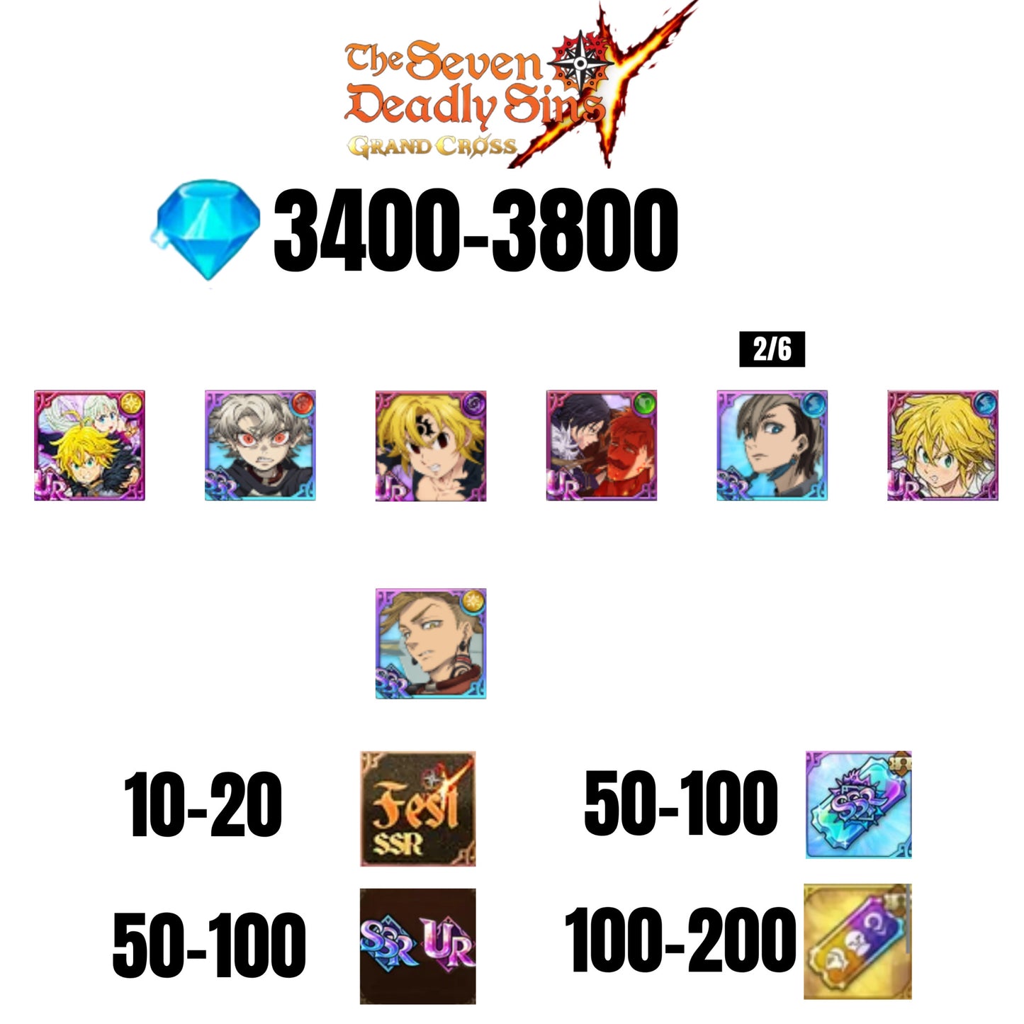 [GLOBAL] 3400-3800 GEMS | NEMESIS MELIODAS | ESCANOR/MERLIN | RUDO | 4 FEST UR | 3 COLLAB | 10-20 FEST SSR