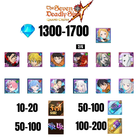 [GLOBAL] 1300-1700 GEMS | SUBARU/BEATRICE | SALOS | ESCANOR/MERLIN | SHINRA | 5 FEST UR | 2 COLLAB | 10-20 FEST SSR | 50-100 UR/SSR | 50-100 TICKET | 8 COLLAB