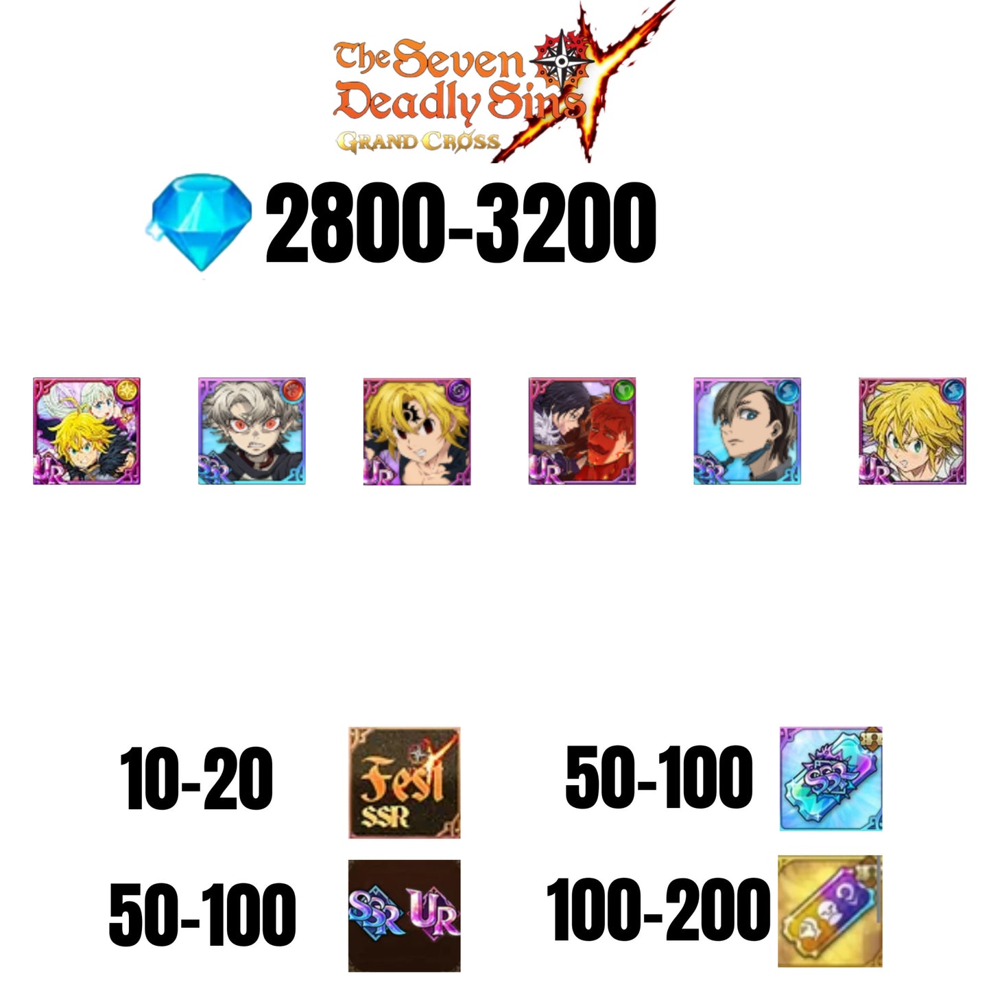 [GLOBAL] 2800-3200 GEMS | NEMESIS MELIODAS | ESCANOR/MERLIN | RUDO | 4 FEST UR | 2 COLLAB | 10-20 FEST SSR