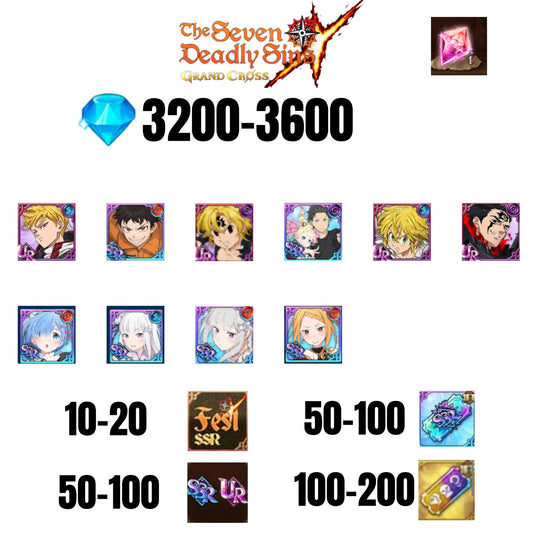 [GLOBAL] 3200-3600 GEMS | NEW MELIODAS | SUBARU/BEATRICE | SHINRA | 4 FEST UR | 6 COLLAB | UR FEST SELECTOR |10-20 FEST SSR | 50-100 UR/SSR | 50-100 TICKET SSR