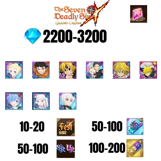 [GLOBAL] 2200-2600 GEMS | NEW MELIODAS | SUBARU/BEATRICE | SHINRA | 3 FEST UR | 6 COLLAB | UR FEST SELECTOR |10-20 FEST SSR | 50-100 UR/SSR | 50-100 TICKET SSR