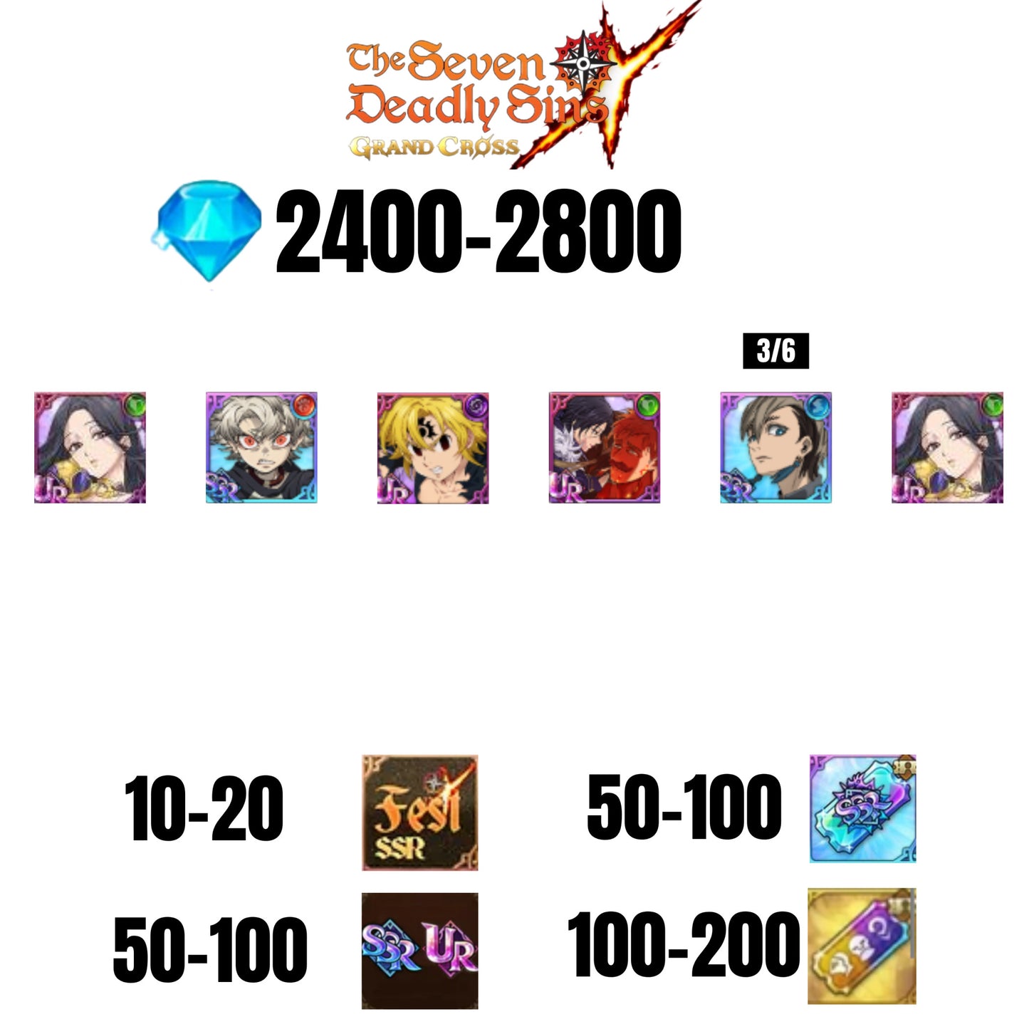 [GLOBAL] 2400-2800 GEMS | NEMESIS MELIODAS | ESCANOR/MERLIN | RUDO | 3 FEST UR | 2 COLLAB | 10-20 FEST SSR | 50-100 UR/SSR | 50-100 TICKET