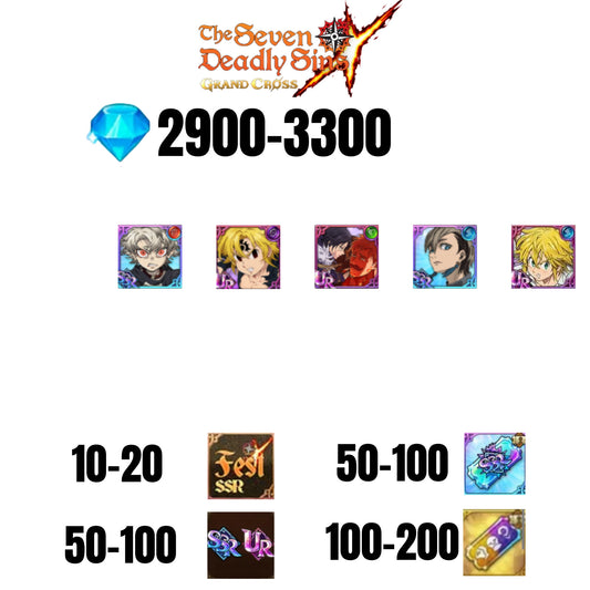 [GLOBAL] 2900-3300 GEMS | NEMESIS MELIODAS | ESCANOR/MERLIN | RUDO | 3 FEST UR | 2 COLLAB | 10-20 FEST SSR
