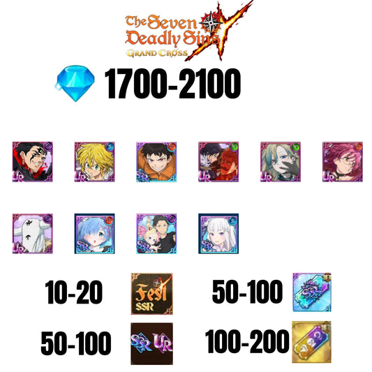 [GLOBAL] 1700-2100 GEMS | SUBARU/BEATRICE | SALOS | ESCANOR/MERLIN | SHINRA | 6 FEST UR | 1 COLLAB | 10-20 FEST SSR | 50-100 UR/SSR | 50-100 TICKET | 4 COLLAB