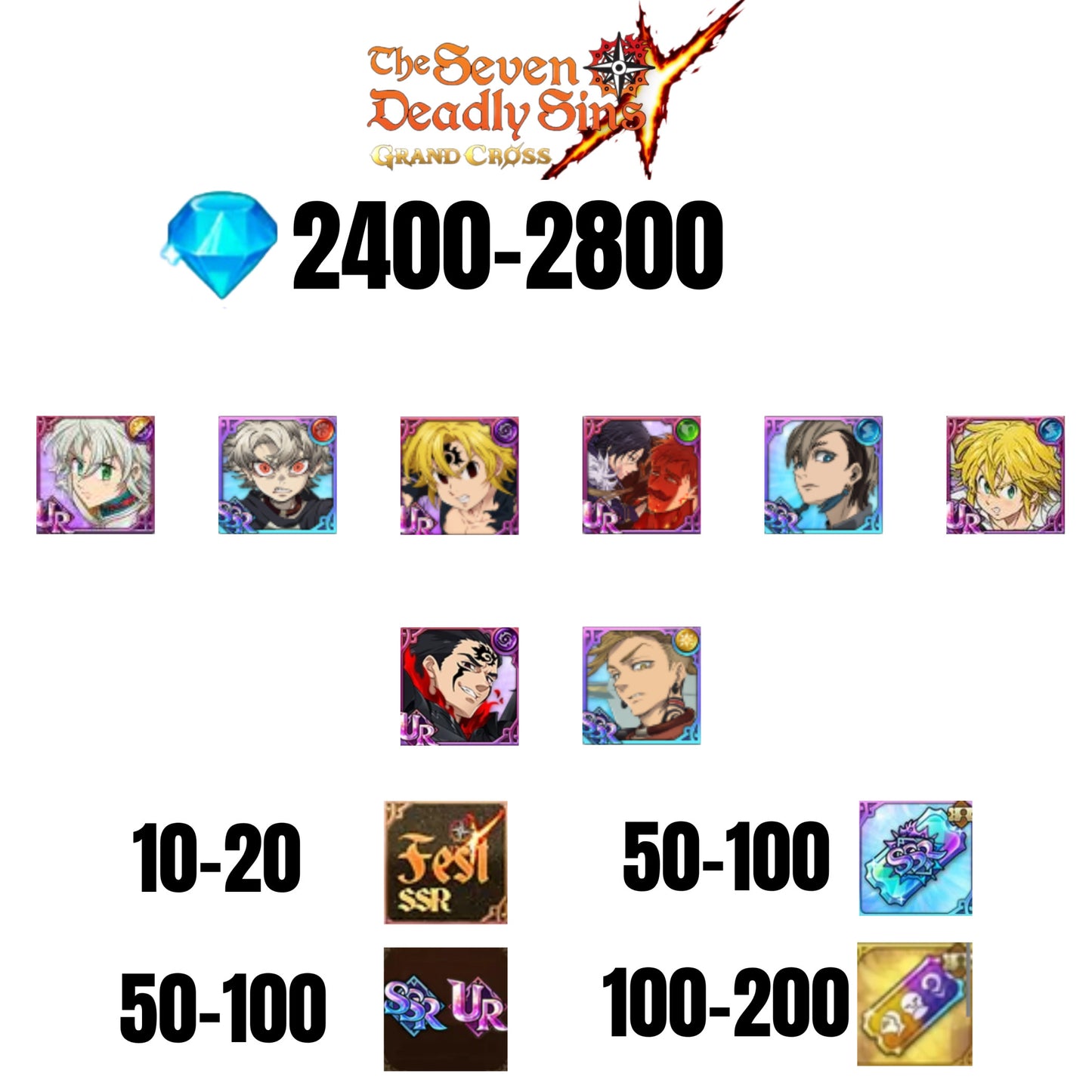 [GLOBAL] 2400-2800 GEMS | NEMESIS MELIODAS | ESCANOR/MERLIN | RUDO | 5 FEST UR | 3 COLLAB | 10-20 FEST SSR