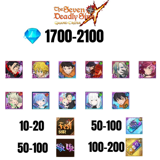 [GLOBAL] 1700-2100 GEMS | SUBARU/BEATRICE | SALOS | ESCANOR/MERLIN | SHINRA | 6 FEST UR | 5 COLLAB | 10-20 FEST SSR | 50-100 UR/SSR | 50-100 TICKET SSR