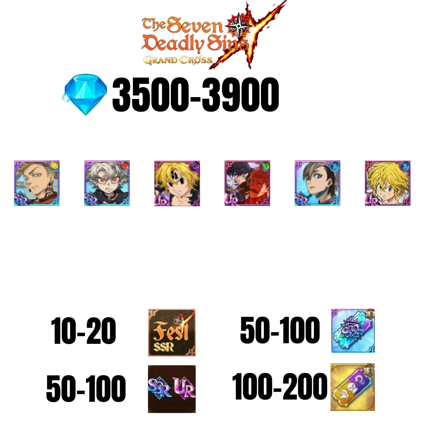 [GLOBAL] 3500-3900 GEMS | NEMESIS MELIODAS | ESCANOR/MERLIN | RUDO | 3 FEST UR | 3 COLLAB | 10-20 FEST SSR