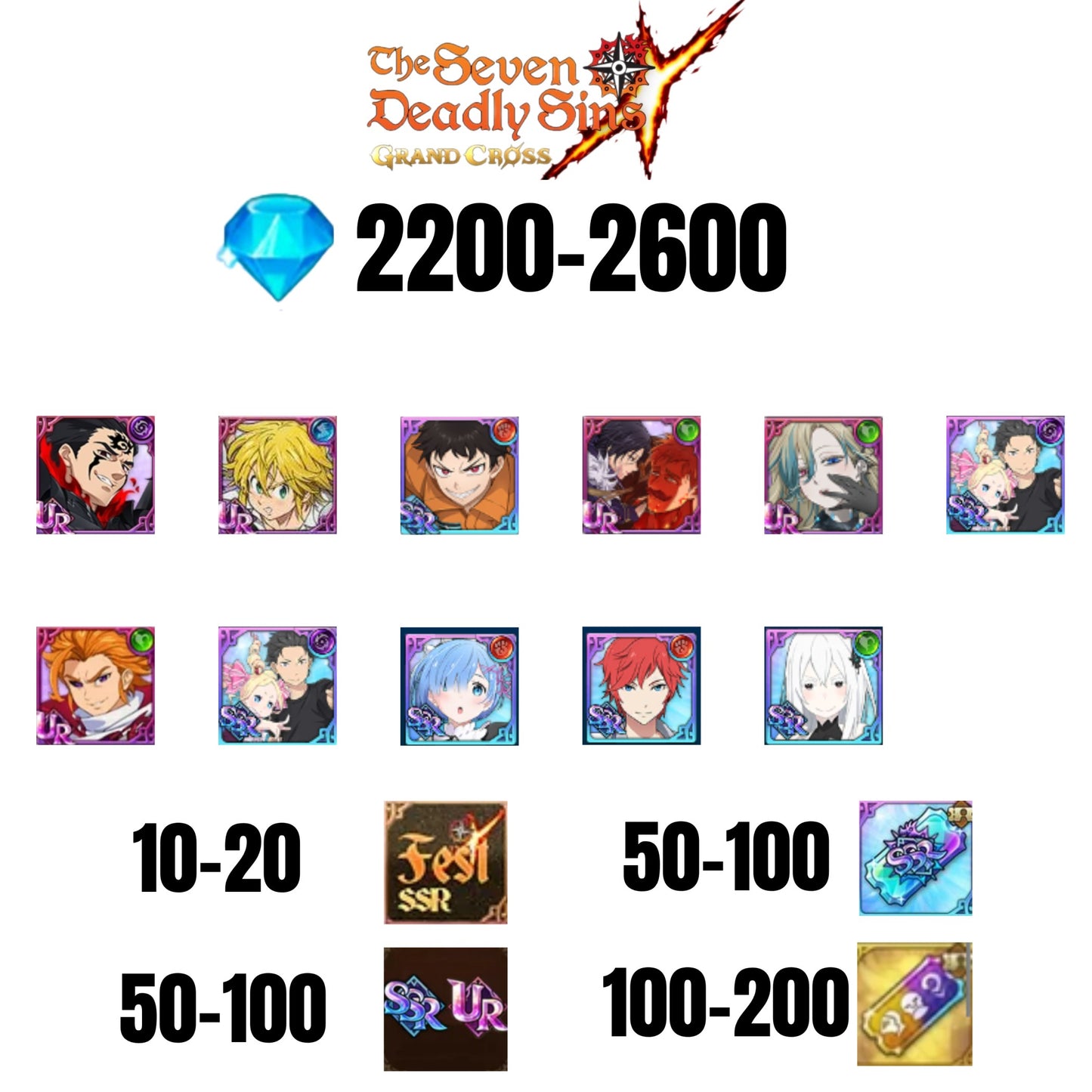 [GLOBAL] 2200-2600 GEMS | SUBARU/BEATRICE | SALOS | ESCANOR/MERLIN | SHINRA | 5 FEST UR | 5 COLLAB | 10-20 FEST SSR | 50-100 UR/SSR | 50-100 TICKET SSR