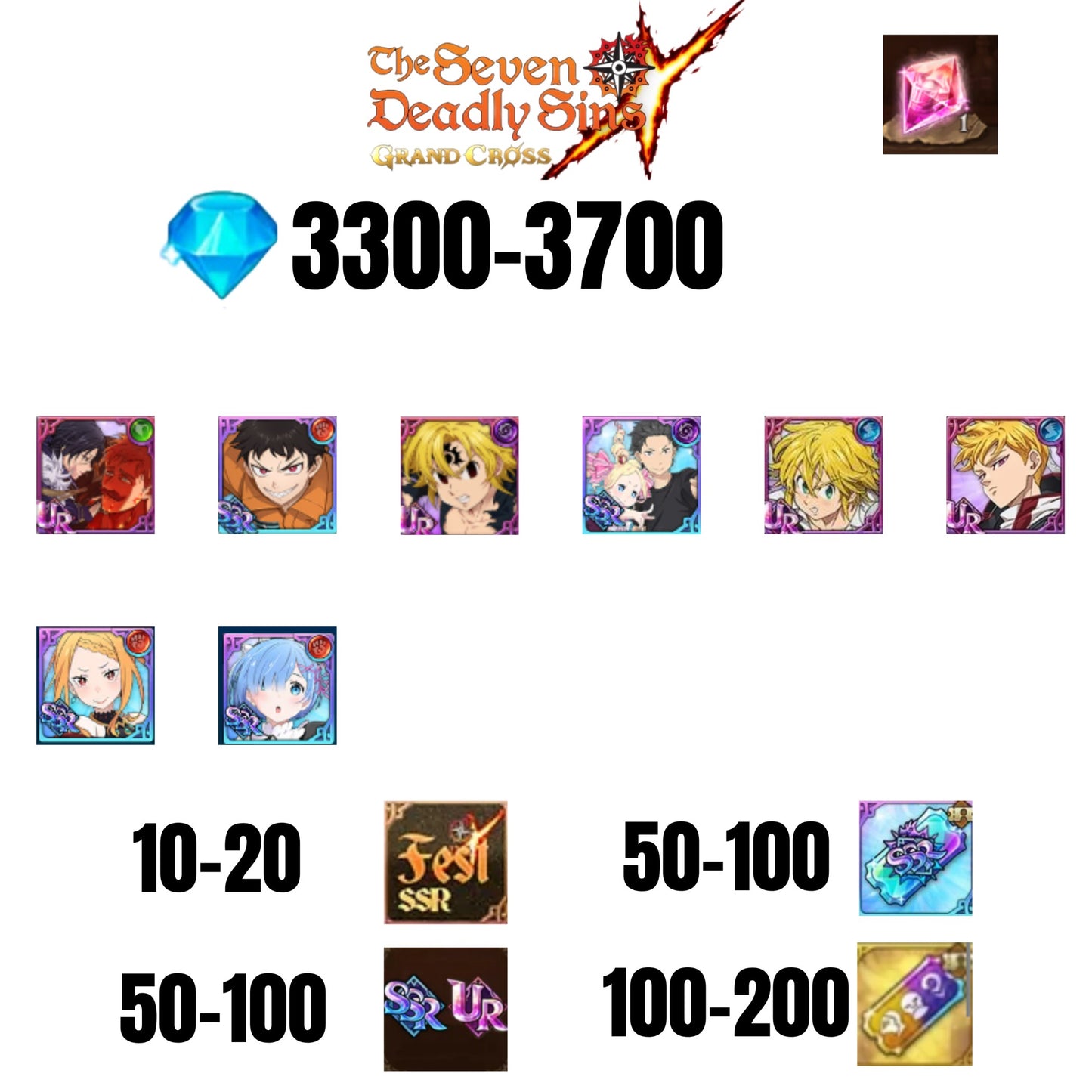 [GLOBAL] 3300-3700 GEMS | NEW MELIODAS | SUBARU/BEATRICE | SHINRA | 4 FEST UR | 4 COLLAB | UR FEST SELECTOR |10-20 FEST SSR | 50-100 UR/SSR | 50-100 TICKET SSR