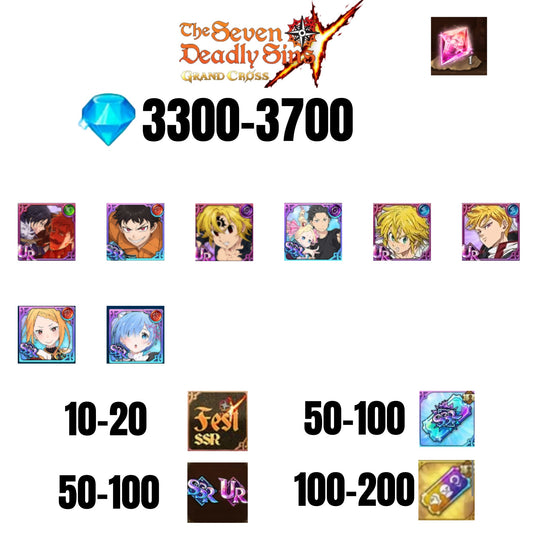 [GLOBAL] 3300-3700 GEMS | NEW MELIODAS | SUBARU/BEATRICE | SHINRA | 4 FEST UR | 4 COLLAB | UR FEST SELECTOR |10-20 FEST SSR | 50-100 UR/SSR | 50-100 TICKET SSR
