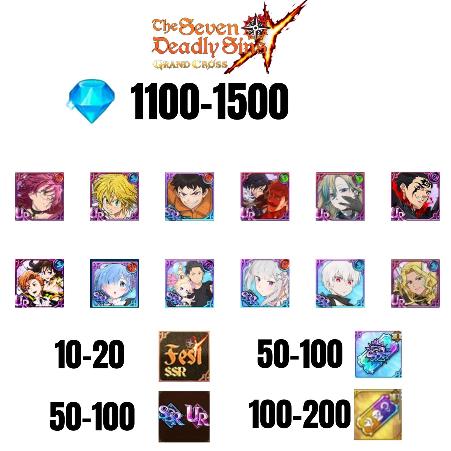 [GLOBAL] 1100-1500 GEMS | SUBARU/BEATRICE | SALOS | ESCANOR/MERLIN | SHINRA | 6 FEST UR | 5 COLLAB | 10-20 FEST SSR | 50-100 UR/SSR | 50-100 TICKET SSR