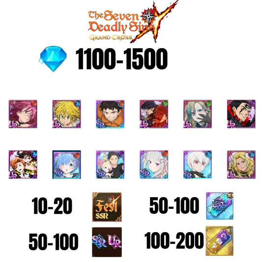 [GLOBAL] 1100-1500 GEMS | SUBARU/BEATRICE | SALOS | ESCANOR/MERLIN | SHINRA | 6 FEST UR | 5 COLLAB | 10-20 FEST SSR | 50-100 UR/SSR | 50-100 TICKET SSR