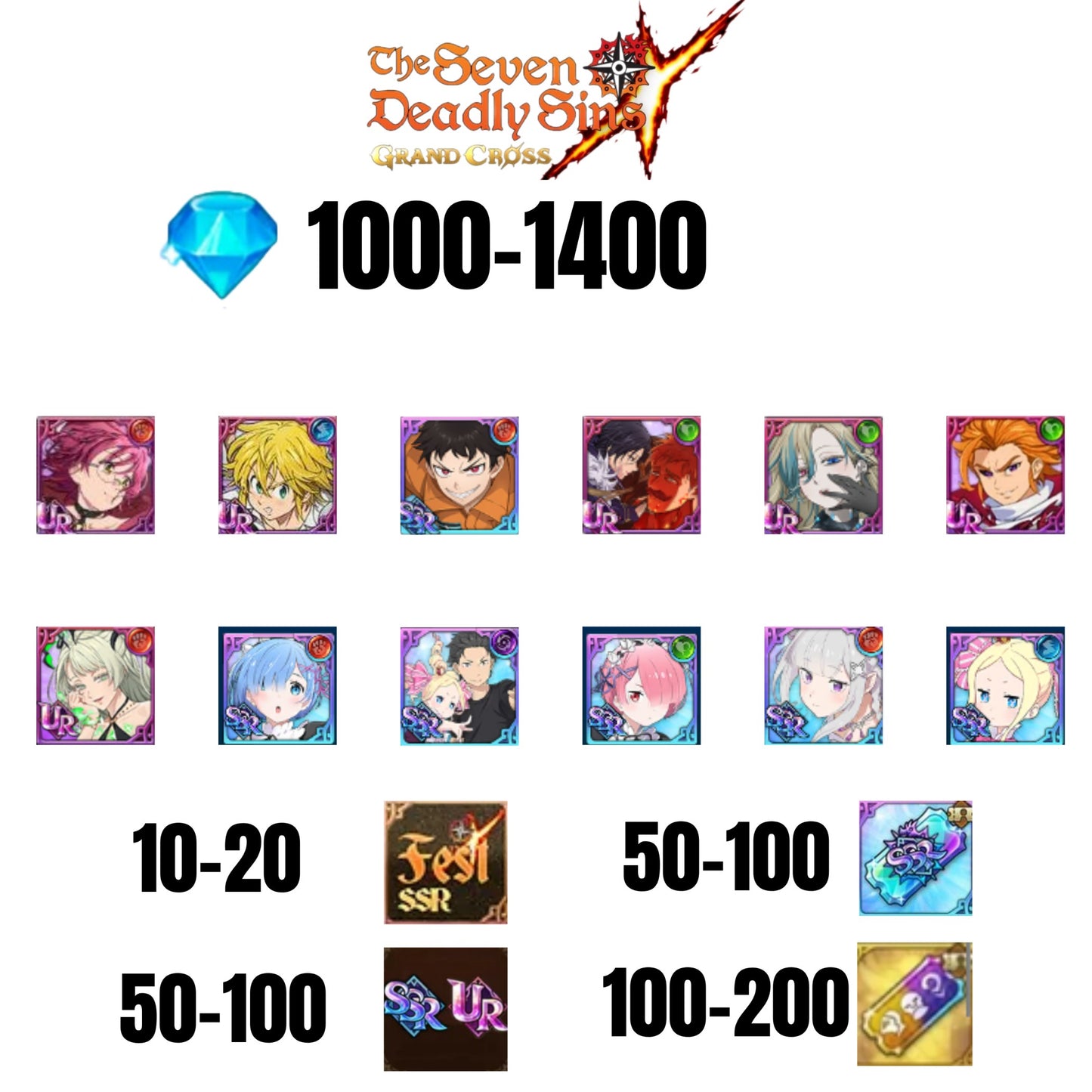 [GLOBAL] 1000-1400 GEMS | SUBARU/BEATRICE | SALOS | ESCANOR/MERLIN | SHINRA | 6 FEST UR | 6 COLLAB | 10-20 FEST SSR | 50-100 UR/SSR | 50-100 TICKET SSR