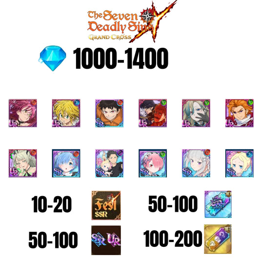 [GLOBAL] 1000-1400 GEMS | SUBARU/BEATRICE | SALOS | ESCANOR/MERLIN | SHINRA | 6 FEST UR | 6 COLLAB | 10-20 FEST SSR | 50-100 UR/SSR | 50-100 TICKET SSR