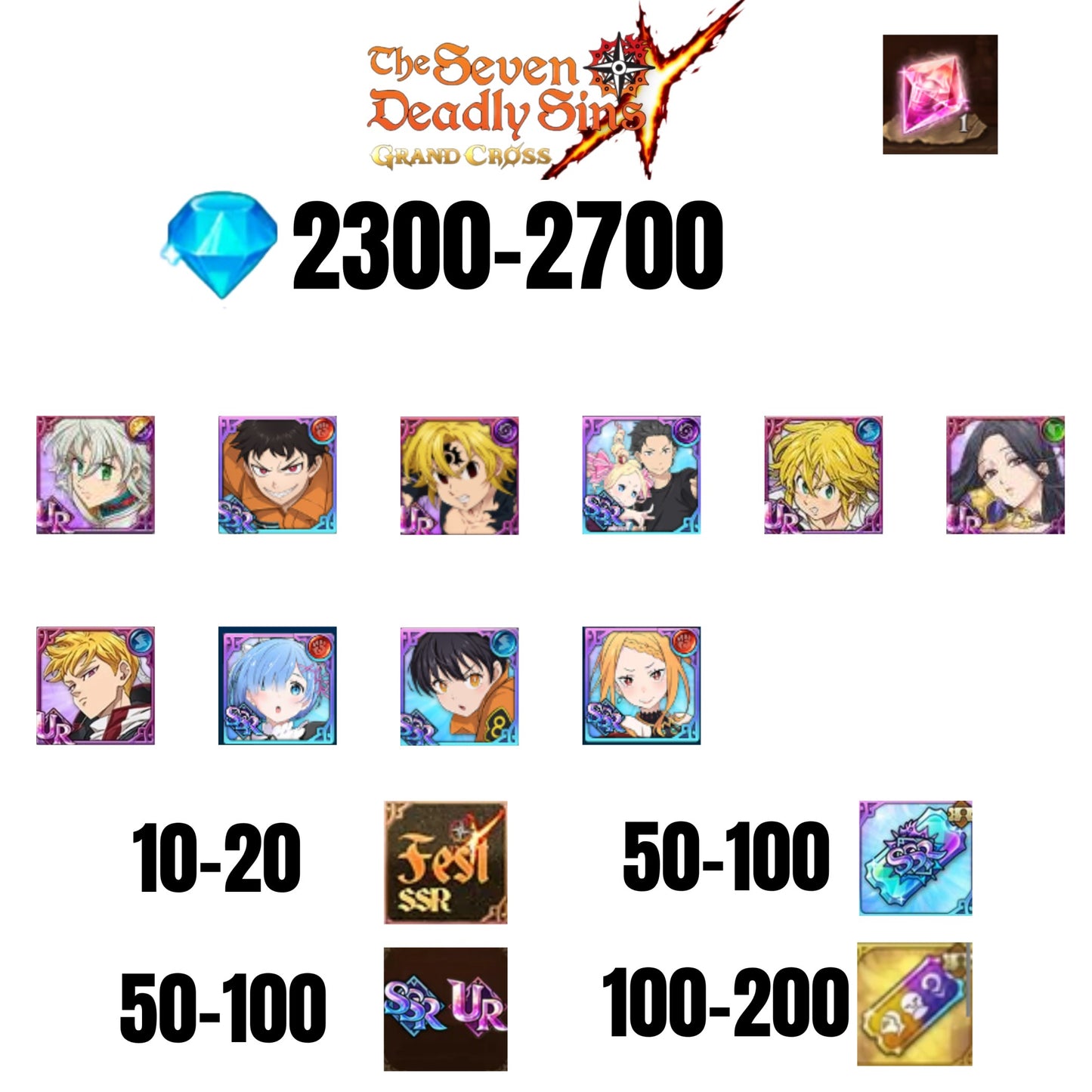 [GLOBAL] 2300-2700 GEMS | NEW MELIODAS | SUBARU/BEATRICE | SHINRA | 5 FEST UR | 5 COLLAB | UR FEST SELECTOR |10-20 FEST SSR | 50-100 UR/SSR | 50-100 TICKET SSR