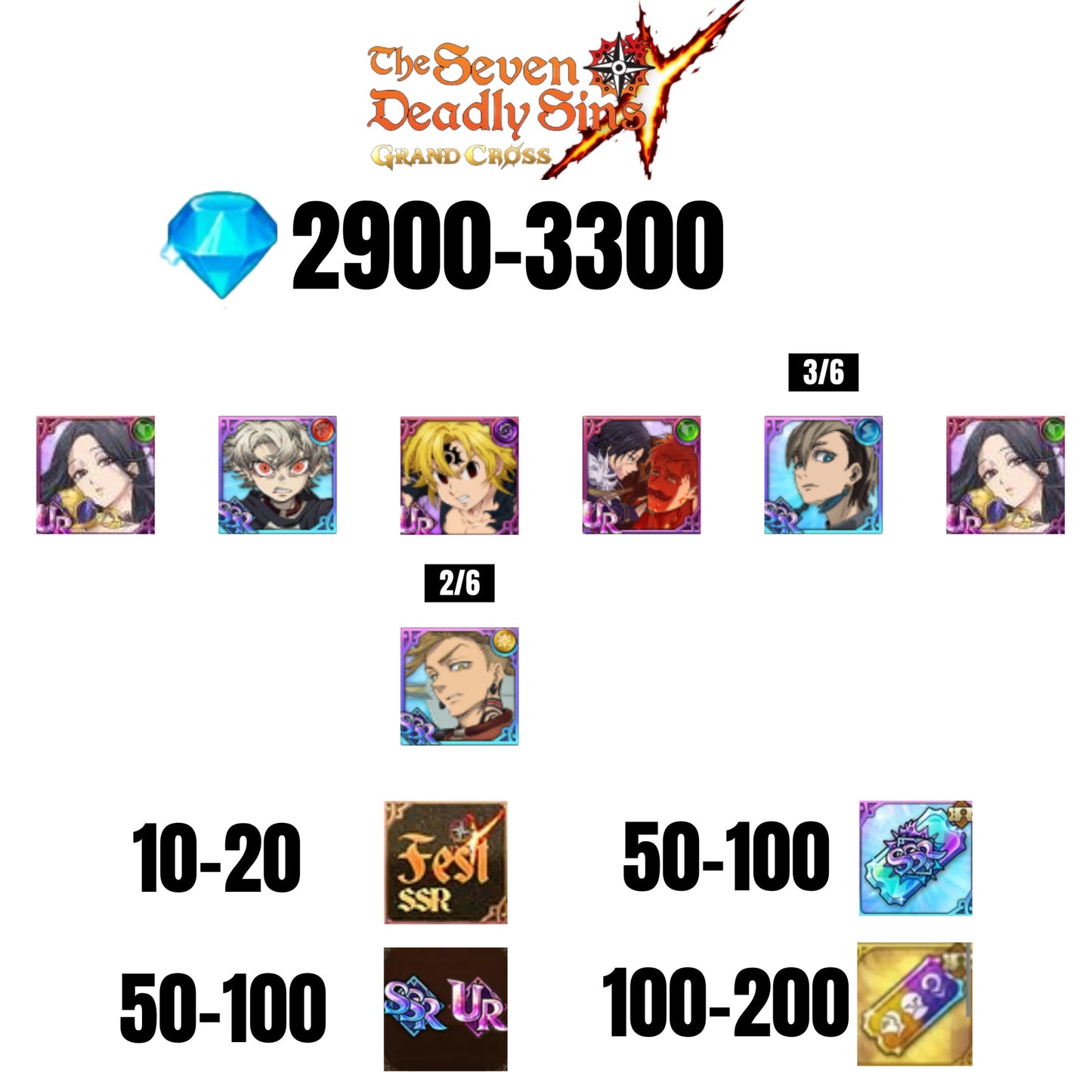 [GLOBAL] 2900-3300 GEMS | NEMESIS MELIODAS | ESCANOR/MERLIN | RUDO | 3 FEST UR | 3 COLLAB | 10-20 FEST SSR