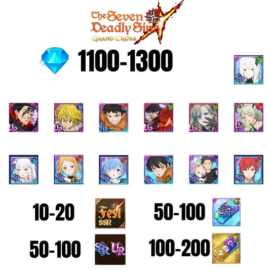[GLOBAL] 1100-1300 GEMS | SUBARU/BEATRICE | SALOS | ESCANOR/MERLIN | SHINRA | 5 FEST UR | 8 COLLAB | 10-20 FEST SSR | 50-100 UR/SSR | 50-100 TICKET SSR
